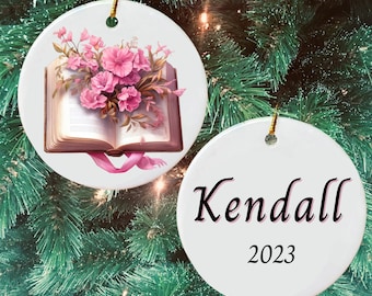 Pink Floral Book Themed Custom Ceramic Christmas Tree Ornament Gift, Personalized Bible Pink Flowers  Christmas Ornament Christmas Gift