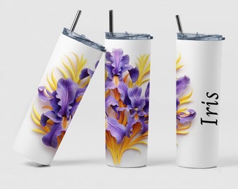 February Birth Month Flower Custom Coffee Travel Tumbler Cup Birthday Gift, Personalized Iris Flower Birth Month Tea Tumbler Cup Mom Gift