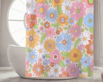 Retro Floral Shower Curtain Boho Shower Curtains Housewarming Gift Bathroom Accessories Mid Century Funky Shower Curtain Gift for Home Decor