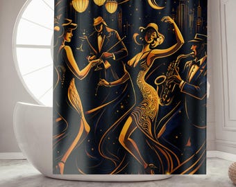 Art Deco Shower Curtain | City Glam Jazz Bathroom Decor | Navy Gold Speakeasy Design | Vintage Glam Luxury Curtain