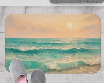 Coastal Boho Bath Mat, Ocean Horizon Bathroom Rug, Teal and Sand Beach House Decor, Modern Coastal Memory Foam Mat, Seaside Bathroom Style