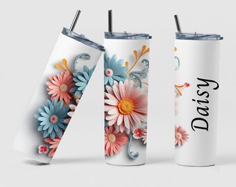 April Birth Month Daisy Flower Custom Coffee Travel Tumbler Cup Birthday Mom Gift, Personalized Unique Birth Flower Tumbler Gift for Woman