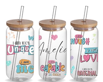 Affirmation Custom 16oz Iced Coffee Glass Jar Tumbler Cup Birthday Gift, Personalized Colorful Affirmation Glass Can Tumbler Cup Gift