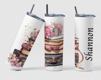 Floral Books Suitcase Themed Custom Coffee Travel Tumbler Cup Book Lover Gift, Personalized Book Travel Design Tumbler Girl Birthday Gift
