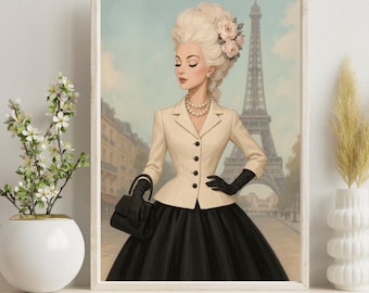 Marie Antoinette Art Print, Modern French Wall Decor, Paris Wall Art, Elegant Lady Art Print, Eiffel Tower Illustration Chic Romantic Paris