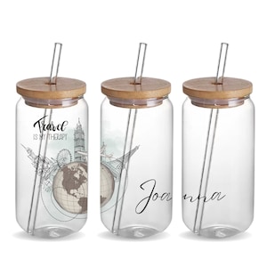 Travel Custom 16oz Iced Coffee Glass Tumbler Cup Birthday Gift, Personalized Coffee Beer Can Cup Traveler Design Tumbler Travel Lover Gift