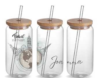 Travel Custom 16oz Iced Coffee Glass Tumbler Cup Birthday Gift, Personalized Coffee Beer Can Cup Traveler Design Tumbler Travel Lover Gift