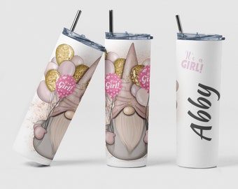 It's a Girl Announcement Gnome Tumbler Gift, Custom Girl Gnome Coffee Tumbler Gift for Baby Shower, Gender Reveal  Gift for Grandparent