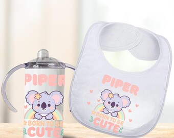 Personalized Baby Girl Bib, Koala Baby Gift Set, Custom Girl Bib and Sippy Cup Gift, Cute Animal Baby Shower Present, Kawaii Baby Accessory