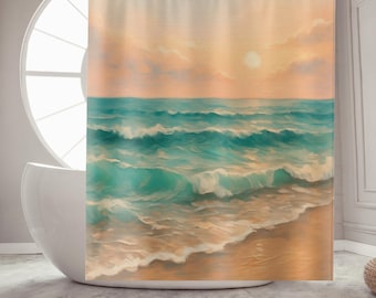 Coastal Boho Shower Curtain, Ocean Horizon Bathroom Decor, Teal and Sand Beach Print Curtain, Modern Seaside Home Style Elegant Coastal Bath