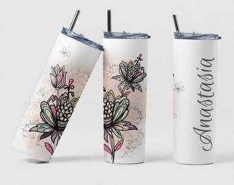 Flower Colorful Art Custom Coffee Travel Tumbler Cup Birthday Gift for Her, Personalized Boho Abstract Floral Flower Tumbler Water Bottle