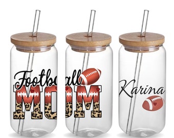 Football Mom Custom 16oz Iced Coffee Glass Beer Can Tumbler Cup Birthday Gift for Football Lover, Personalized Cute Football Mom Life Gift
