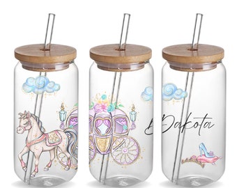 Princess Custom 16oz Glass Iced Coffee Jar Tumbler Cup Birthday Gift, Personalized Cute Kids Princess Horse Drinking Glass Can Tumbler