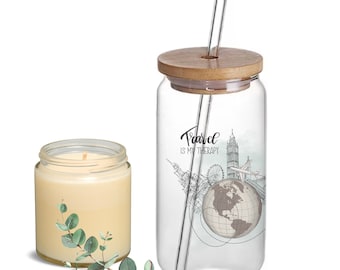 Travel Glass Tumbler, Personalized Ice Coffee Cup, Traveler Tumbler, Tumbler with Travel Design, Gift for Travel Lover, 16oz Glass Cup Gift