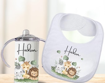 Personalized Jungle Baby Bib and Sippy Cup Set, Custom Name Baby Shower Gift, Safari Baby Gift Boy, Baby Cup and Bib Set First Birthday Gift