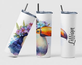 Toucan Tumbler, Custom Toucan Coffee Birthday Tumbler Cup Gift for Sister, Personalized Colorful Floral Toucan Thermal Tumbler Gift