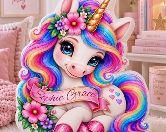 Personalized Kids Pillow, Rainbow Unicorn Shaped Pillow, Custom Animal Pillow for Girls, Personalized Unicorn Gift