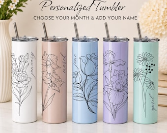 Personalized Birth Flower Tumbler, Custom Name 20 oz Skinny Tumbler, Floral Travel Birthday Gift for Her, Bridesmaid Gift, Mother's Day Gift