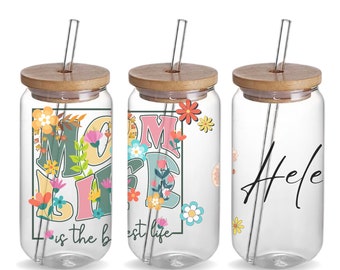Best Mom Custom 16oz Iced Coffee Drinking Glass Tumbler Cup Birthday Gift, Personalized Mom Life Glass Tumbler Mug Mother's Day Gift