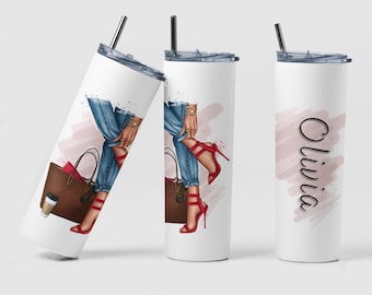 Girly Fashion Custom Coffee Travel Tumbler Gift for Girls Trip, Personalized Heels and Purse Tumbler Cup with Lid Straw Gift for Fashionista