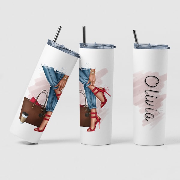 Girly Fashion Custom Coffee Travel Tumbler Gift for Girls Trip, Personalized Heels and Purse Tumbler Cup with Lid Straw Gift for Fashionista