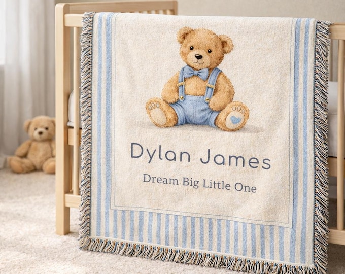 Featured listing image: Personalized Vintage Teddy Bear Baby Blanket, Custom Name Nursery Keepsake, Heirloom Woven Throw, Boy Shower Gift, Storybook Infant Bedding