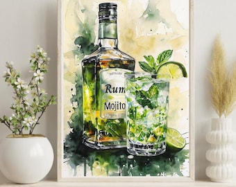 Mojito Cocktail Wall Art Home Bar Decor Kitchen Wall Art Alcohol Prints Retro Cocktail Print Digital Printable Art Liquor Wall Art
