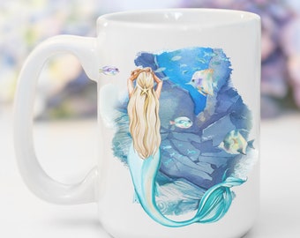 Mermaid Mug, Custom Handmade 15oz Ceramic Mermaid Coffee Mug Gift, Personalized Cute Mermaid Coffee Ceramic Mug for Girls