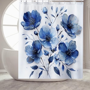 Chinoiserie Shower Curtain, Elegant Botanical Design, Vintage Floral Decor, Blue Asian Inspired Bathroom Accessory for a Chic Home Vibe