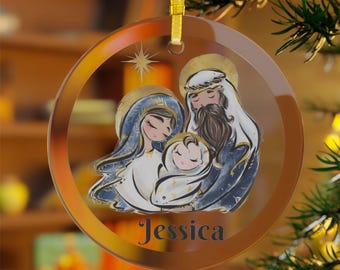 Personalized Holy Family Glass Ornament, Nativity Christmas Ornament, Religious Gift, Christian Holiday Decor, Gift Box Included