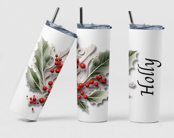 December Birth Month Flower Custom Travel Coffee Tumbler Cup Birthday Gift, Personalized Holly Birth Month Flower Tea Tumbler Cup Mom Gift