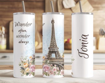 Paris Travel Custom Coffee Tumbler Cup Traveler Gift, Personalized Paris Vintage Travel Floral Tumbler Mug Cup Women Birthday Gift
