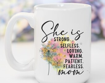 Strong Mom Affirmation Custom 15oz Ceramic Coffee Mug Birthday Gift, Personalized Best Mom Life Tea Mug Bonus Step Mother's Day Gift