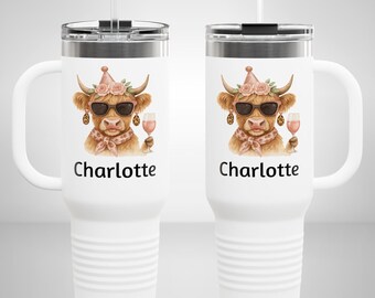 Funny Highland Cow 40oz Tumbler with Handle, Personalized Cow Cup, Holy Cow Wine Gift, Farmhouse Cow Mug, Custom Birthday Cow Cup