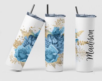 Blue and Gold Tumbler, Custom Watercolor Blue Floral Tumbler Design Gift for Mom, Personalized Rose Floral Summer Tumbler Cup Gift for Nana