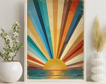 Retro Wall Art Digital Download Sun Wall Art Aesthetic Vintage Wall Art Room Decor Trendy Retro Poster Minimal Landscape Sun Rays Art Print