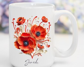 Birth Month Flower Personalized Ceramic 15oz Coffee Mug Birthday Gift for Her Custom Floral Tea Cup Mothers Day Gift for Grandma