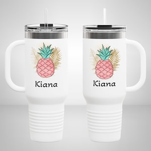 Personalized 40oz Tumbler with Handle, Pink or Yellow Pineapple, Tropical Gift for Her, Custom Insulated Stainless Steel Cup Name Travel Mug