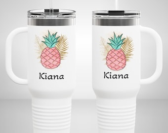 Pineapple Tumbler Personalized Gift for Her Tropical Vacation Insulated Coffee Travel Mug 40oz Custom Water Quencher Tumbler with Handle