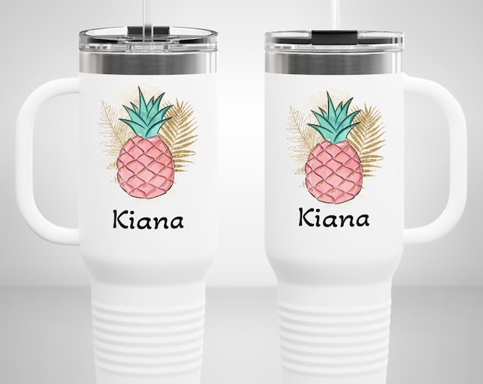 Featured listing image: Personalized 40oz Tumbler with Handle, Pink or Yellow Pineapple, Tropical Gift for Her, Custom Insulated Stainless Steel Cup Name Travel Mug
