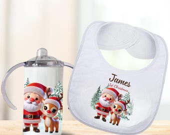 Personalized Baby Christmas Bib & Sippy Cup Set, First Christmas Gift, Custom Santa Reindeer Snowman Baby Boy Girl Holiday Outfit