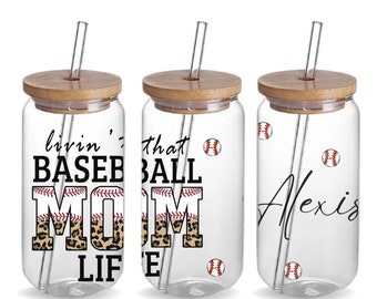 Baseball Mom Custom 16oz Iced Coffee Glass Tumbler Beer Can Cup Birthday Gift for Mom, Personalized Cheetah Living the Baseball Mom Life Cup