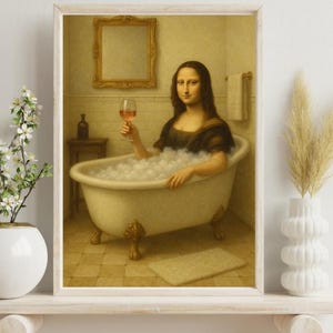 Mona Lisa Bathroom Wall Art Printable, Funny Vintage Bathtub Decor, Classical Painting Humor, Digital Download Poster, Toilet Print