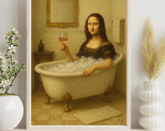 Mona Lisa Bathroom Wall Art Printable, Funny Vintage Bathtub Decor, Classical Painting Humor, Digital Download Poster, Toilet Print