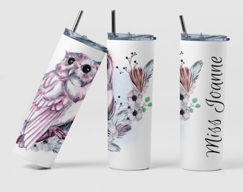 Owl Floral Custom Coffee Travel Tumbler Cup Christmas Gift for Grandma, Personalized Purple Owl Boho Floral Tumbler Cup Gift for Mom