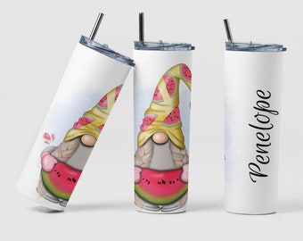 Watermelon Gnome Tumbler, Custom Summer Gnome Coffee Tumbler for Watermelon Lover, Personalized Cute Watermelon Tumbler Gift for Girls