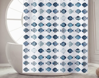 Fish Shower Curtain Boho Bathroom Accessories Coastal Bathroom Shabby Chic Home Decor Blue Curtain Housewarming Gift Fish Bath Accessories