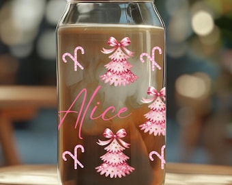 Personalized Christmas Can Glass Cup, Pink Candy Cane & Tree Cup with Name, Holiday Iced Coffee Glass, Custom Gift for Her, Cute Sipper Cup