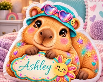 Personalized Kids Pillow, Colorful Capybara Cushion, Custom Name Pillow for Kids, Cute Animal Gift, Kids Bedroom Decor