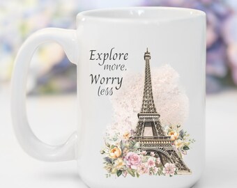 Love Travel Coffee Mug Custom 15oz Ceramic Mug Birthday Gift for Travel Lovers Themed Personalized Floral Paris Lover Tea Cup Mom Gift